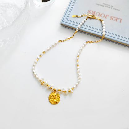 Copper-plated real gold fashion Baroque style necklace irregular cultured pearl necklace retro human head clavicle chain 56