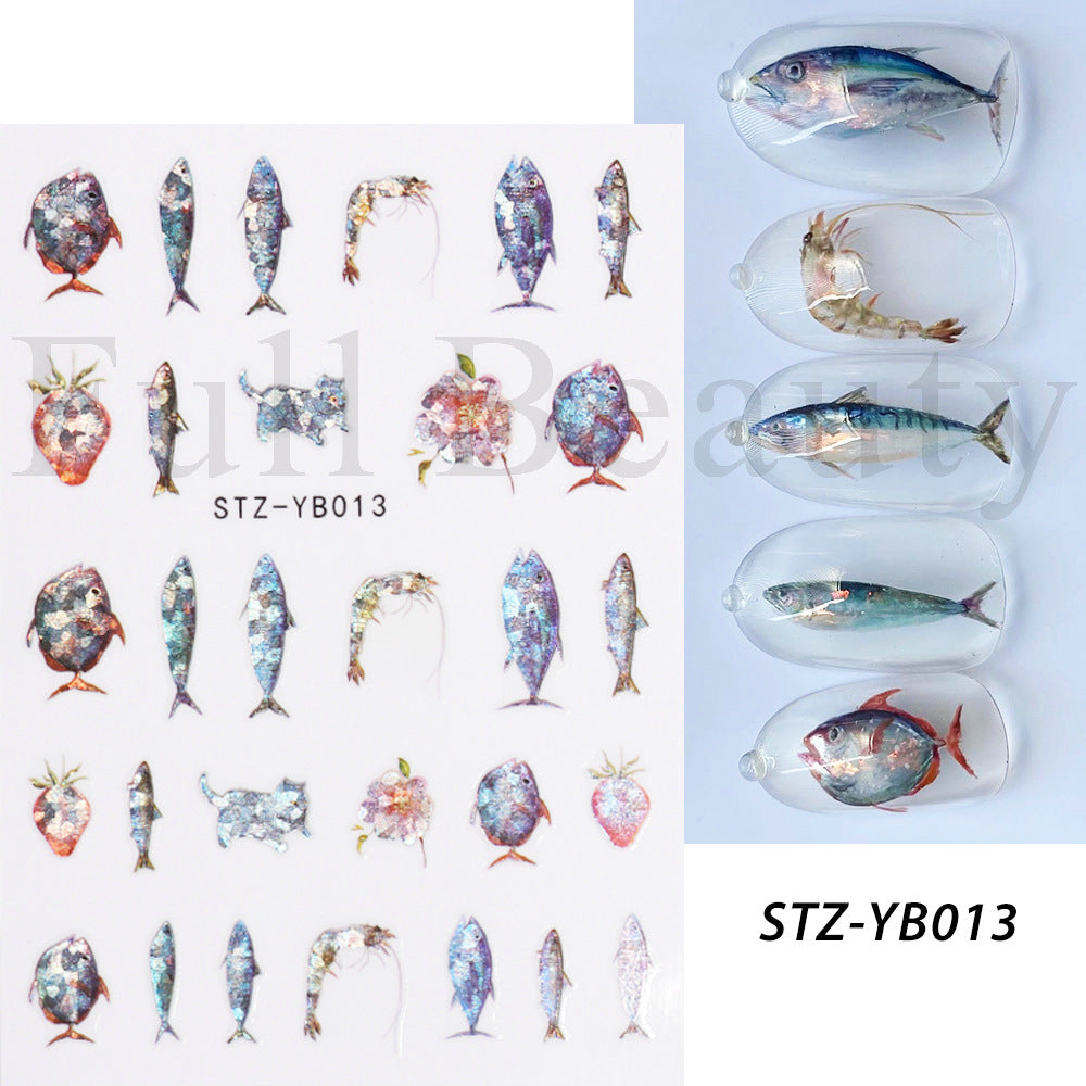 Hot Manicure 3D Adhesive Sticker Little Sweet Potato Summer Cute Bear Caterpillar Holographic Fish Art Nail Sticker