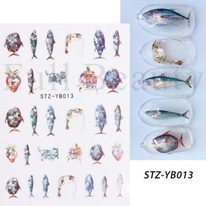 Hot Manicure 3D Adhesive Sticker Little Sweet Potato Summer Cute Bear Caterpillar Holographic Fish Art Nail Sticker