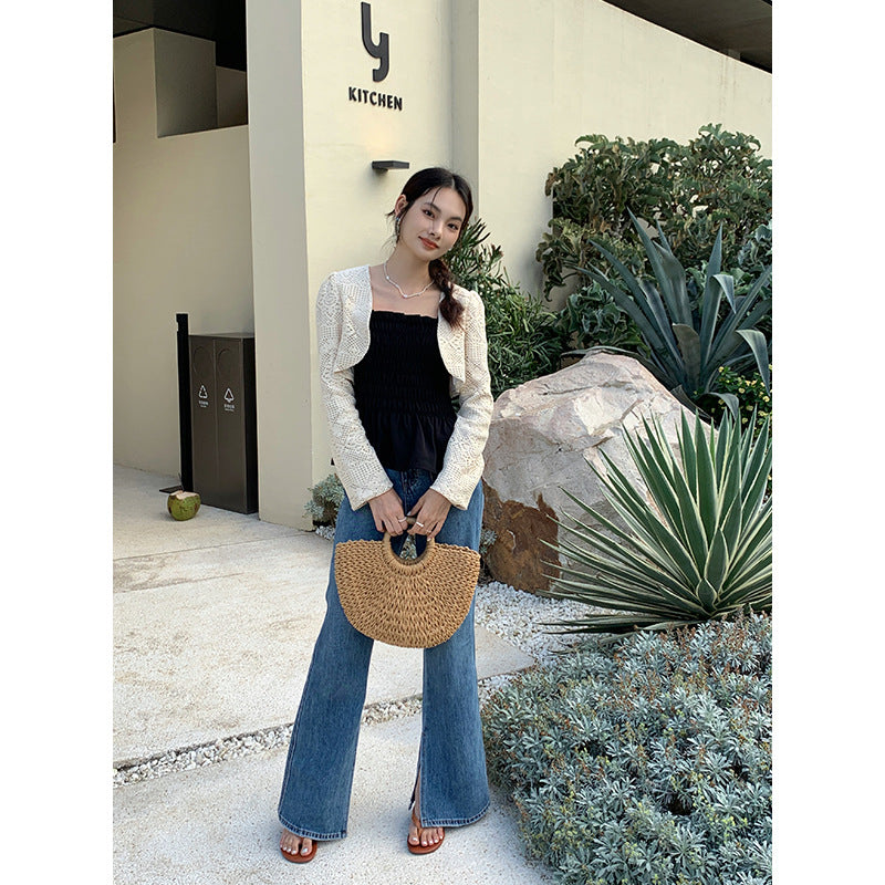 Aixili spring new lace long-sleeved shawl with small straps and ruffles two-piece suit female