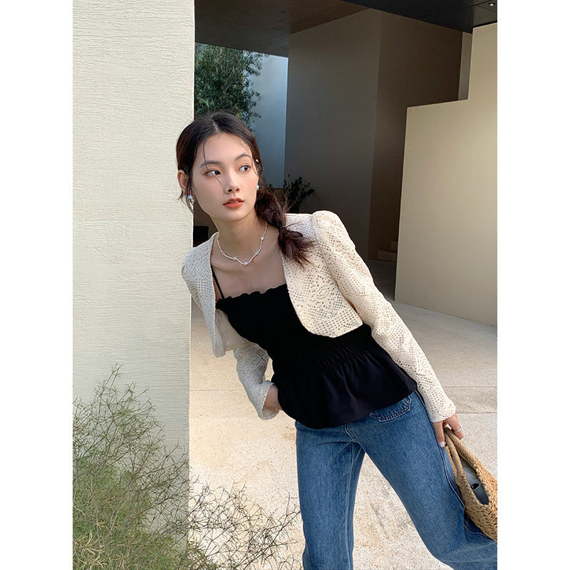 Aixili spring new lace long-sleeved shawl with small straps and ruffles two-piece suit female