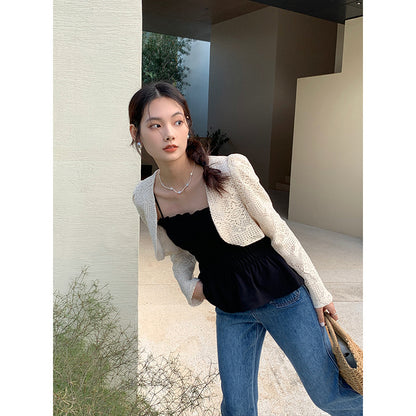 Aixili spring new lace long-sleeved shawl with small straps and ruffles two-piece suit female