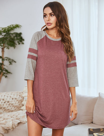 spring and summer hot style European and American women's dress stitching color strip round neck home service pajamas