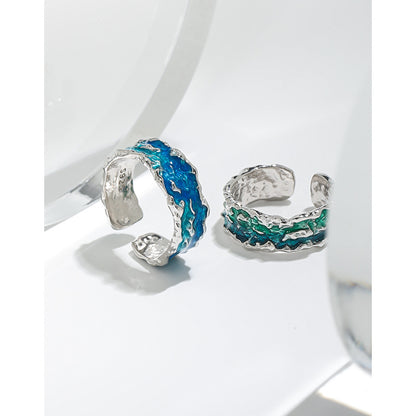 1809 niche design sense irregular texture texture light luxury blue green drip glaze S925 sterling silver ring ring female