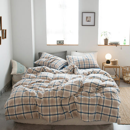 Japanese-style all-cotton non-printed washed cotton four-piece wholesale stripe-dyed good product four-piece dormitory bedding