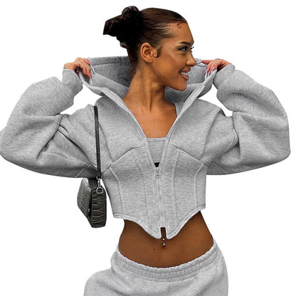 street European and American style long sleeve fleece zipper cardigan hooded sweatshirt casual jacket women