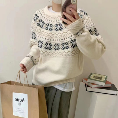 Retro jacquard soft waxy sweater women's  autumn and winter new Japanese style lazy style loose round neck pullover sweater thick
