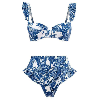 Bikini Set – Sexy Gathered Design, High Waist Split Swimsuit + Chiffon Long Skirt, European & American Style