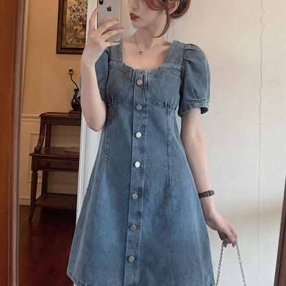 Denim dress women's summer French temperament narrow waist small puff sleeves long and short skirt large size short-sleeved women