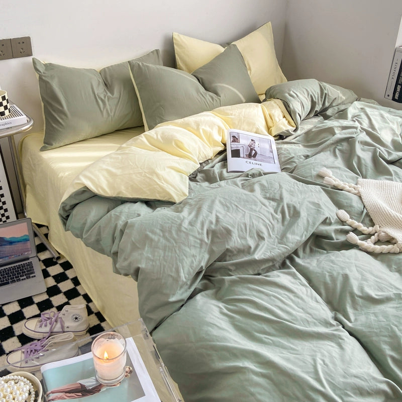 Simple pure color washed cotton bed four-piece spring and autumn Japanese-style bedding bed linen quilt cover single dormitory three-piece set