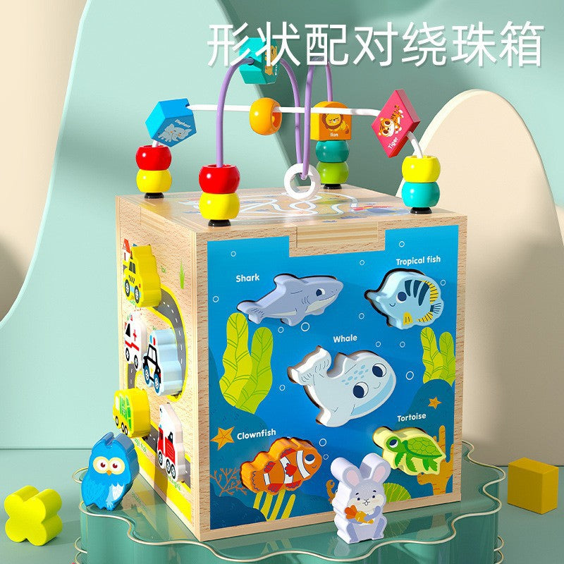 Children's Wooden Large Multifunctional Puzzle Big Wrapping Beads Treasure Chest Early Education Intelligence Matching Scene Intelligence Box Toys