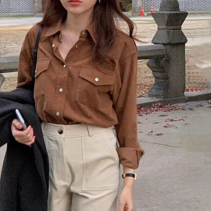 new Korean Dongdaemun retro simple niche all-match retro commuter solid color high-end shirt