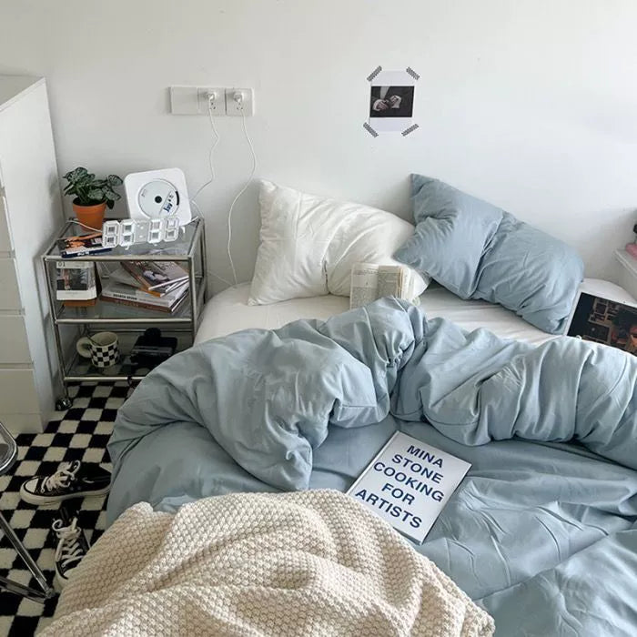 Ins double fight washed cotton four-piece solid color bed sheet quilt cover student dormitory three-piece bedding single double bed sheet 4