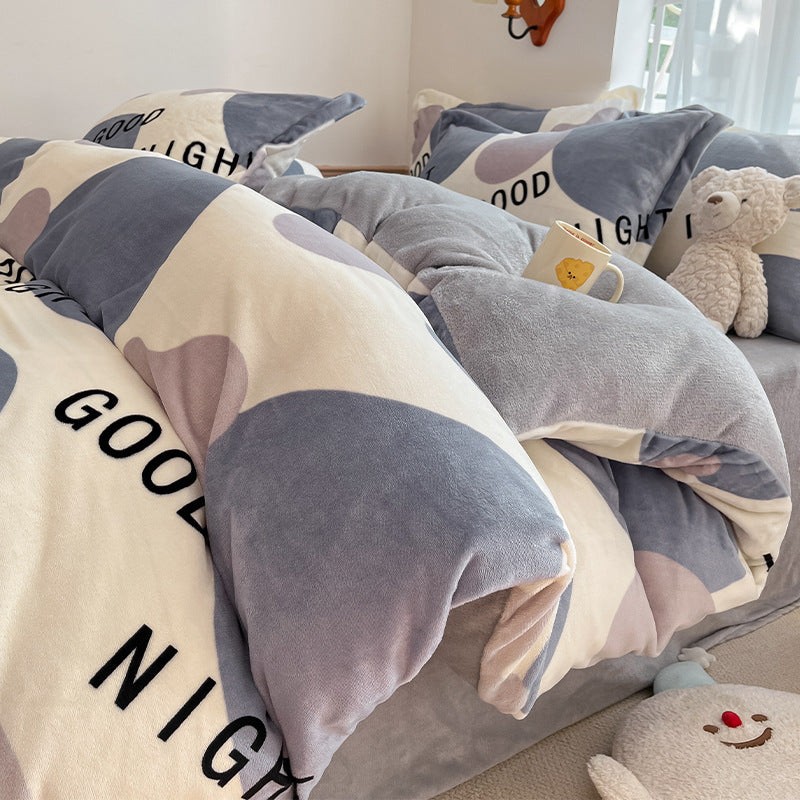 Class A mother and baby thickened milk velvet four-piece set, coral velvet cover, velvet flannel bed sheet, bed hat three 4-piece set