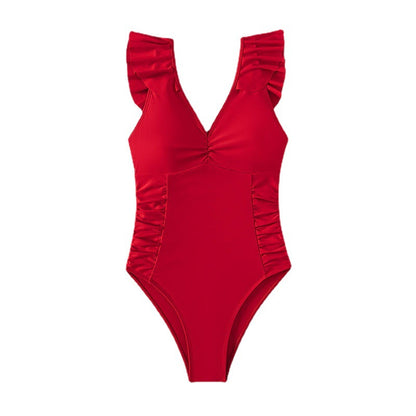 European & American Style One-Piece Bikini – Solid Color, Flying Sleeve, Slim Fit Swimsuit for Women