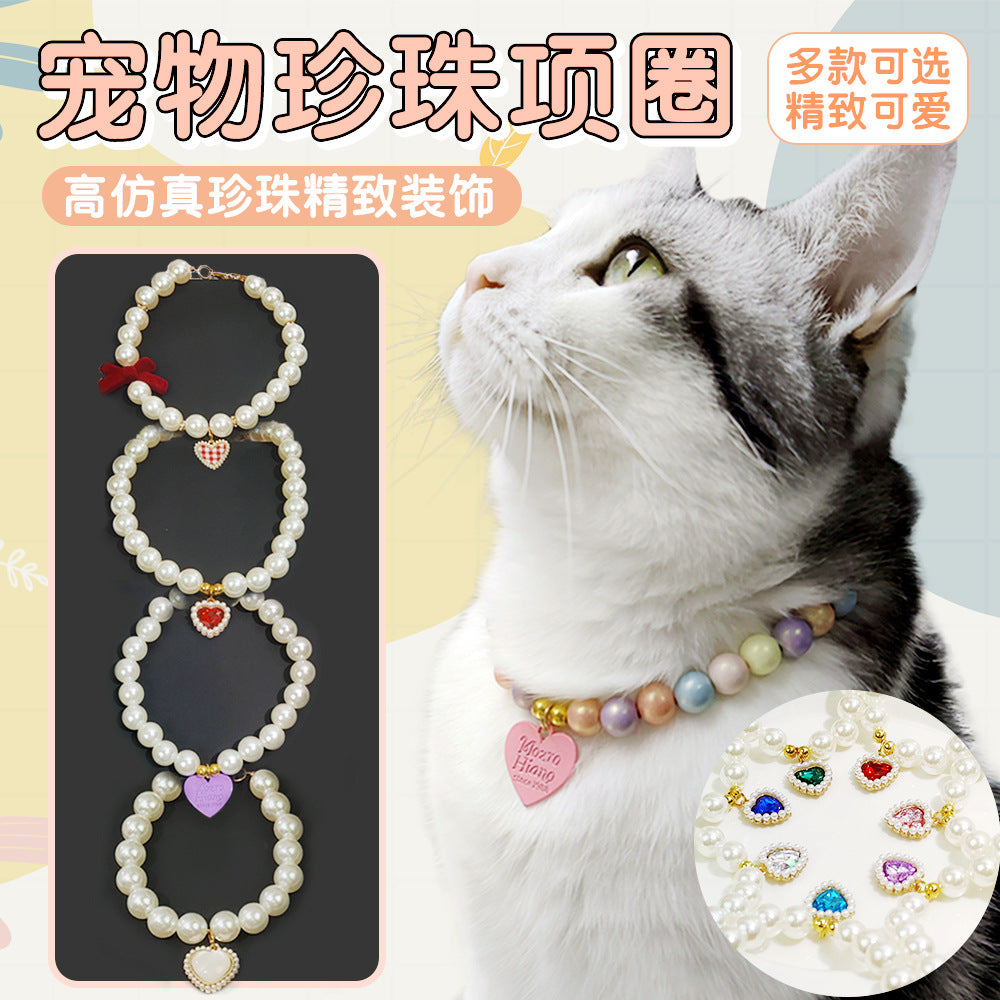 Pet cat devon kitten dog pearl necklace collar small fragrance breeze gemstone bow puppet accessories cross-border
