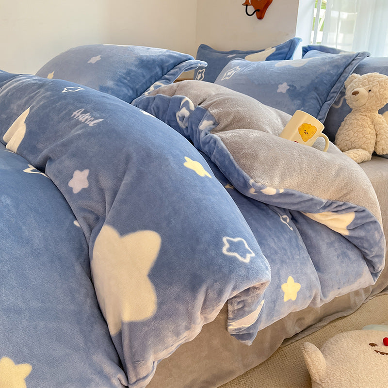 Class A mother and baby thickened milk velvet four-piece set, coral velvet cover, velvet flannel bed sheet, bed hat three 4-piece set