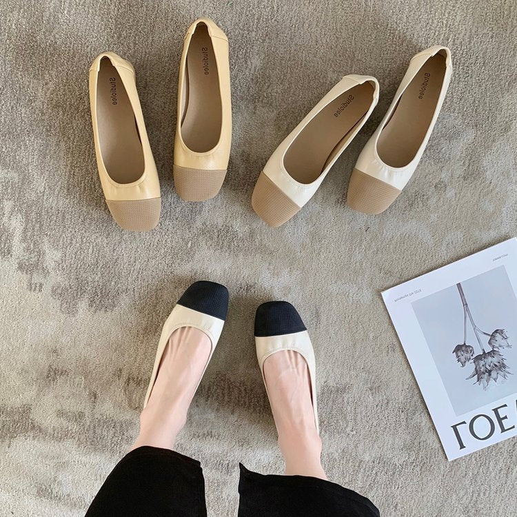 Su Yinyin's same style as Miss Daisy~French color matching square toe flat commuting shoes for women