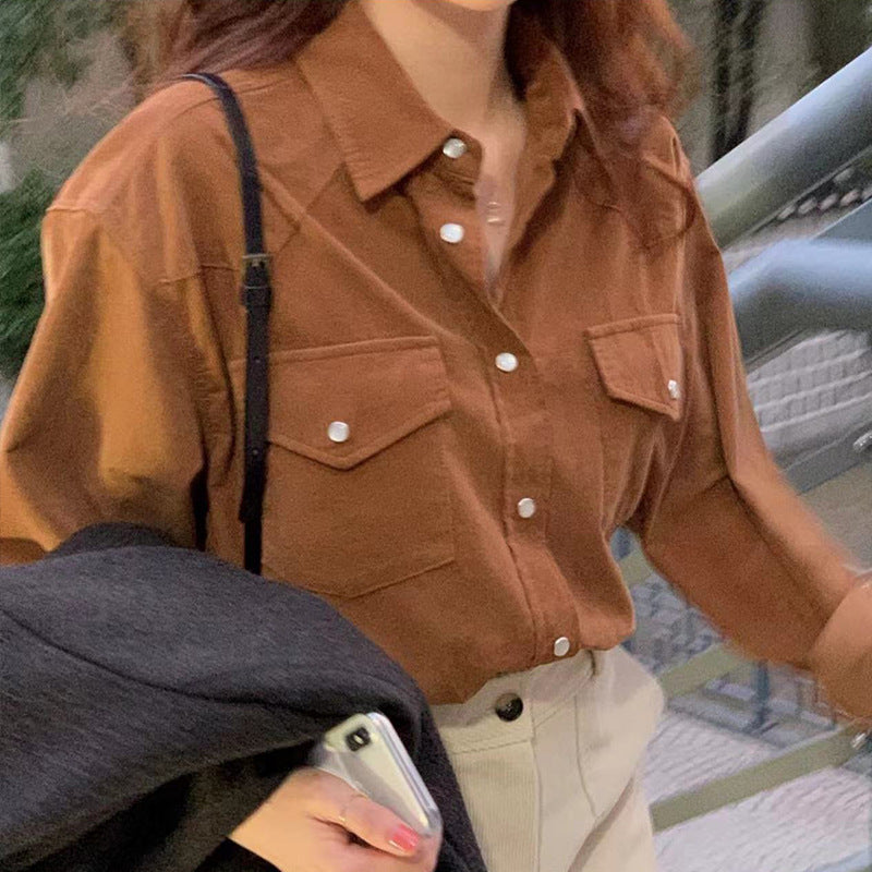 new Korean Dongdaemun retro simple niche all-match retro commuter solid color high-end shirt