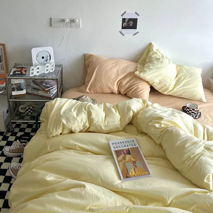 Ins double fight washed cotton four-piece solid color bed sheet quilt cover student dormitory three-piece bedding single double bed sheet 4