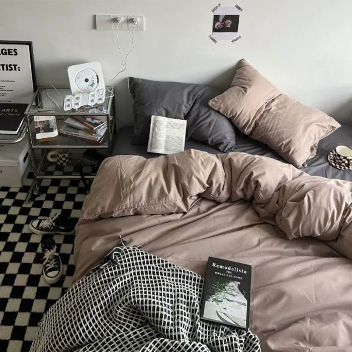 Ins double fight washed cotton four-piece solid color bed sheet quilt cover student dormitory three-piece bedding single double bed sheet 4
