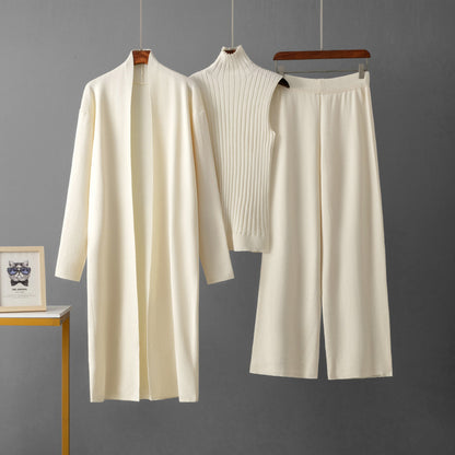 European and American foreign style solid color casual suit women's shawl jacket + V-neck base knit sweater + wide-leg trousers three-piece set
