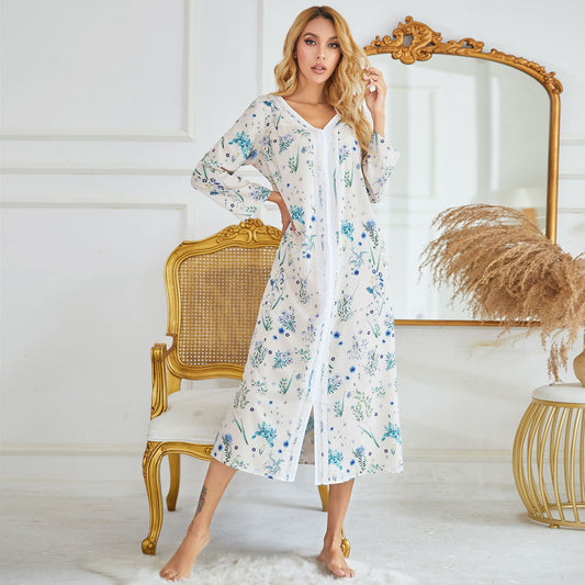 autumn and winter hot style European and American women's nightdress woven four-sided bomb printing long-sleeved long home wear dress