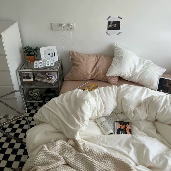 Ins double fight washed cotton four-piece solid color bed sheet quilt cover student dormitory three-piece bedding single double bed sheet 4