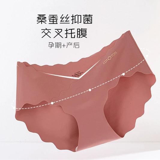 Women's Mulberry Silk Pure Cotton Bottom Antibacterial One-Piece Non-marking Low Waist Belly Support Maternity Underwear