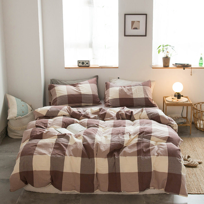 Japanese-style all-cotton non-printed washed cotton four-piece wholesale stripe-dyed good product four-piece dormitory bedding