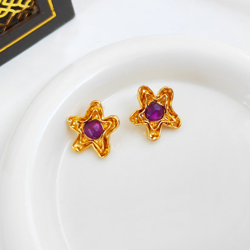 Self-designed copper-plated real gold S925 silver needle temperament pentagram star earrings retro resin earrings earrings T799
