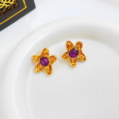 Self-designed copper-plated real gold S925 silver needle temperament pentagram star earrings retro resin earrings earrings T799