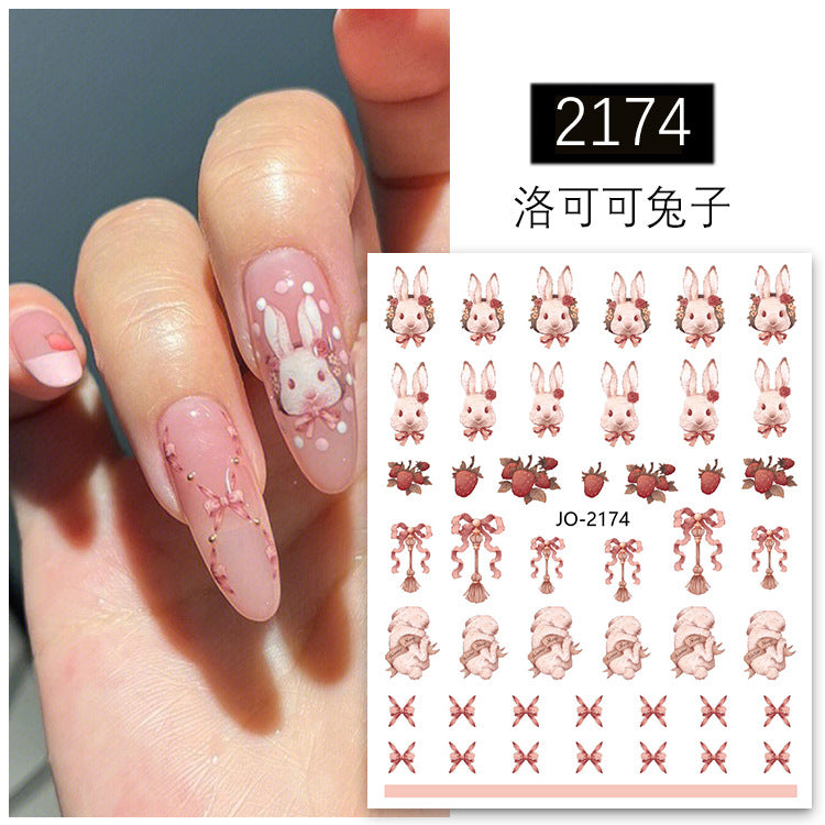 New nail art stickers Rococo sweet pet bunny nail stickers national style ink blood color rose decorative stickers