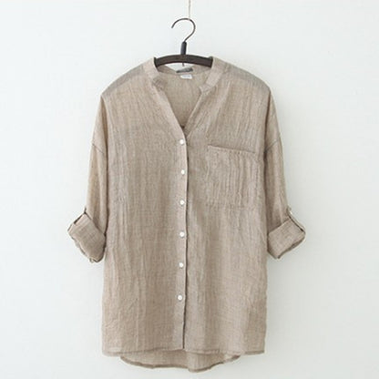summer new sun protection clothing Japanese style small fresh loose cotton and linen three-quarter sleeves stand-up collar cotton and linen shirt women