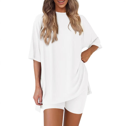 spring/summer European and American new loose fashion solid color casual short-sleeved shorts two-piece set