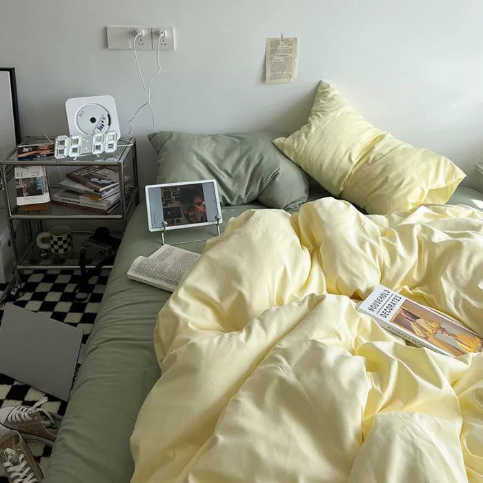 Ins double fight washed cotton four-piece solid color bed sheet quilt cover student dormitory three-piece bedding single double bed sheet 4