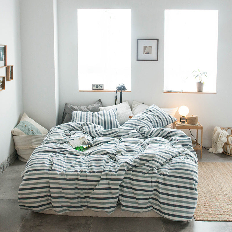 Japanese-style all-cotton non-printed washed cotton four-piece wholesale stripe-dyed good product four-piece dormitory bedding