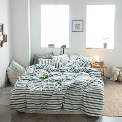 Japanese-style all-cotton non-printed washed cotton four-piece wholesale stripe-dyed good product four-piece dormitory bedding