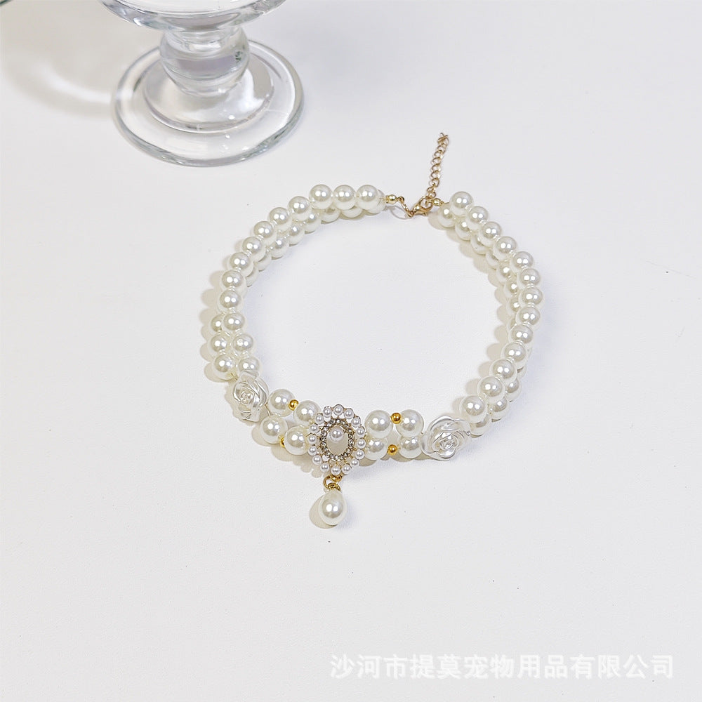 Pet cat devon kitten dog pearl necklace collar small fragrance breeze gemstone bow puppet accessories cross-border