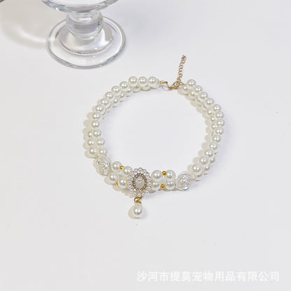 Pet cat devon kitten dog pearl necklace collar small fragrance breeze gemstone bow puppet accessories cross-border