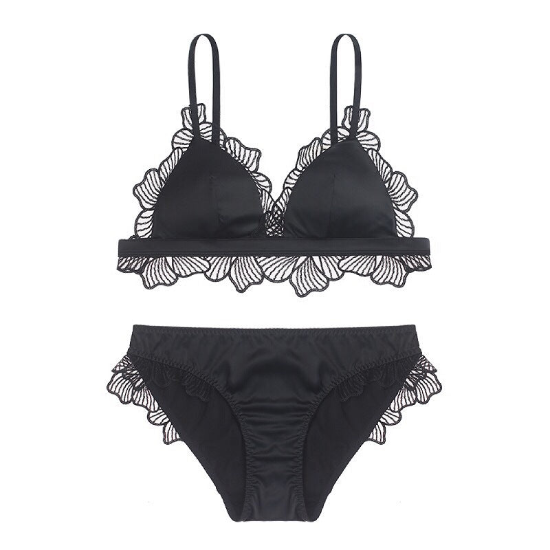 French triangle cup underwear Bralette no steel ring thin section satin cloth splicing appliqué lace edge bra set