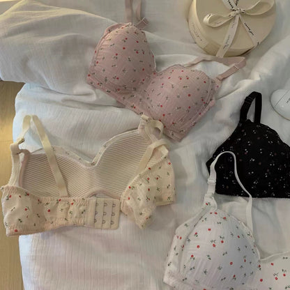 Japanese floral underwear girls high school students pure desire no steel ring small chest gathered summer thin bra bra