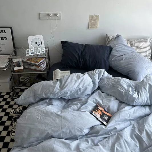 Ins double fight washed cotton four-piece solid color bed sheet quilt cover student dormitory three-piece bedding single double bed sheet 4