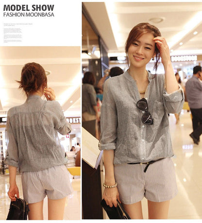 summer new sun protection clothing Japanese style small fresh loose cotton and linen three-quarter sleeves stand-up collar cotton and linen shirt women