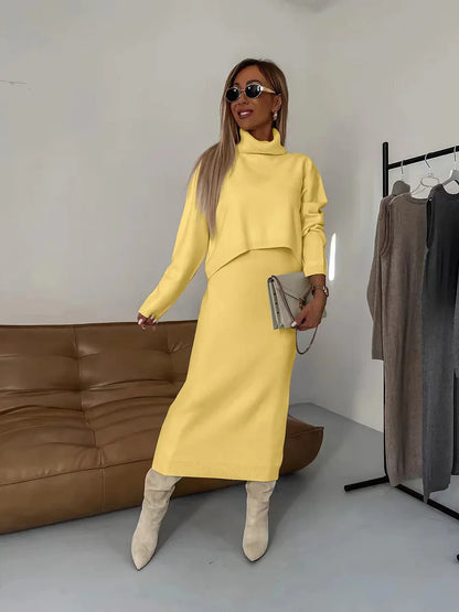 Fall/Winter Sweater Dress, High Neck Maxi Sweater Dress, Two Piece Solid Color Knit Dress
