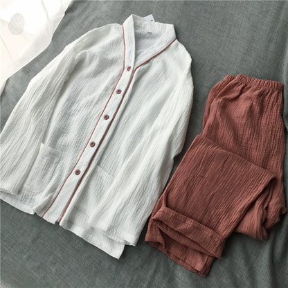 Simple Japanese plain cotton washed cotton double-layer gauze V-neck home clothes pajamas set long-sleeved trousers