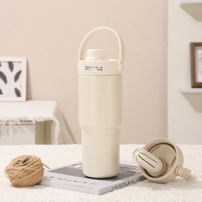stainless steel thermos mug simple double drink straw cup ceramic liner large capacity portable car cup