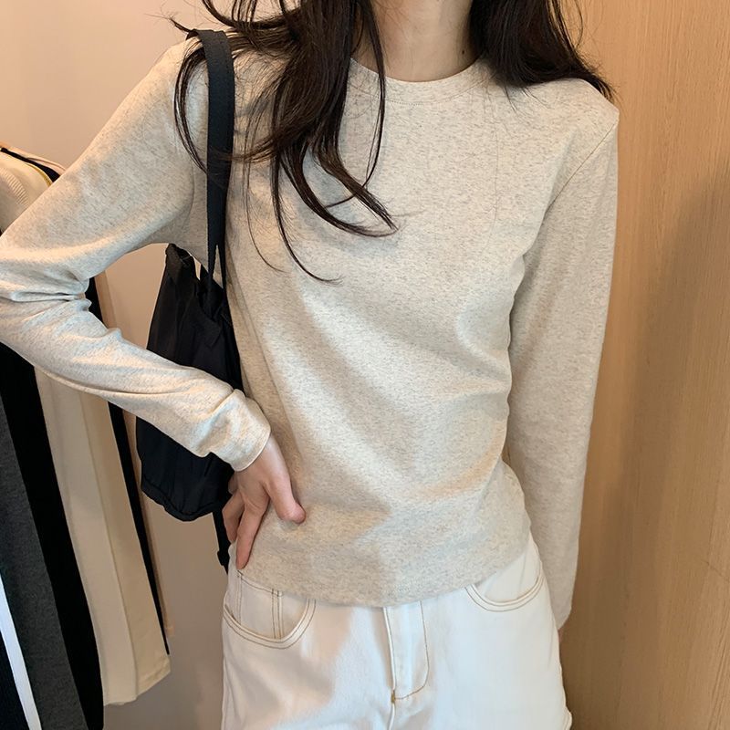 40 cotton shoulder long-sleeved T-shirts, new crew neck slim foundations, ins solid color hot girl base slimming top