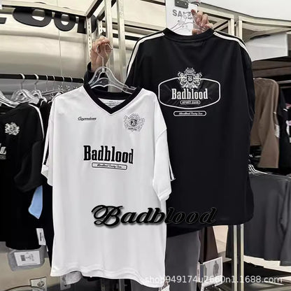 badbloood loose T-shirt women's V-neck short sleeve jersey varsity American embroidered top summer stock