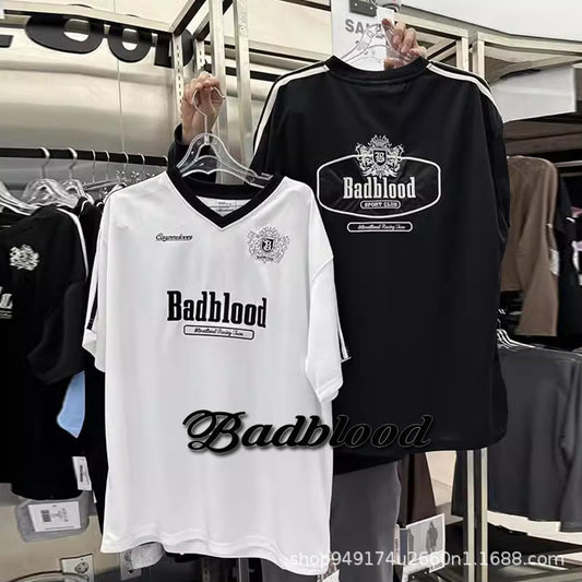 badbloood loose T-shirt women's V-neck short sleeve jersey varsity American embroidered top summer stock